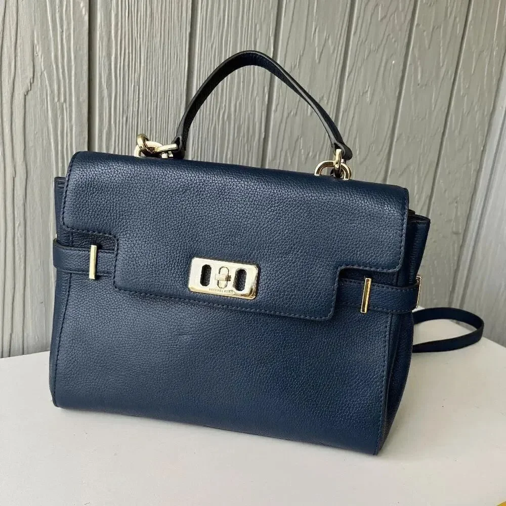 Michael Kors Navy Leather Satchel Crossbody Bag Gold Hardware Top Handle